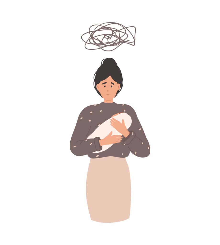 An illustration of a tired-looking mother holding a swaddled baby in her arms. She appears anxious or uncertain, with a scribbled swirl above her head symbolizing stress or confusion. The visual reflects the emotional weight and common self-doubt many mothers experience around breastfeeding.