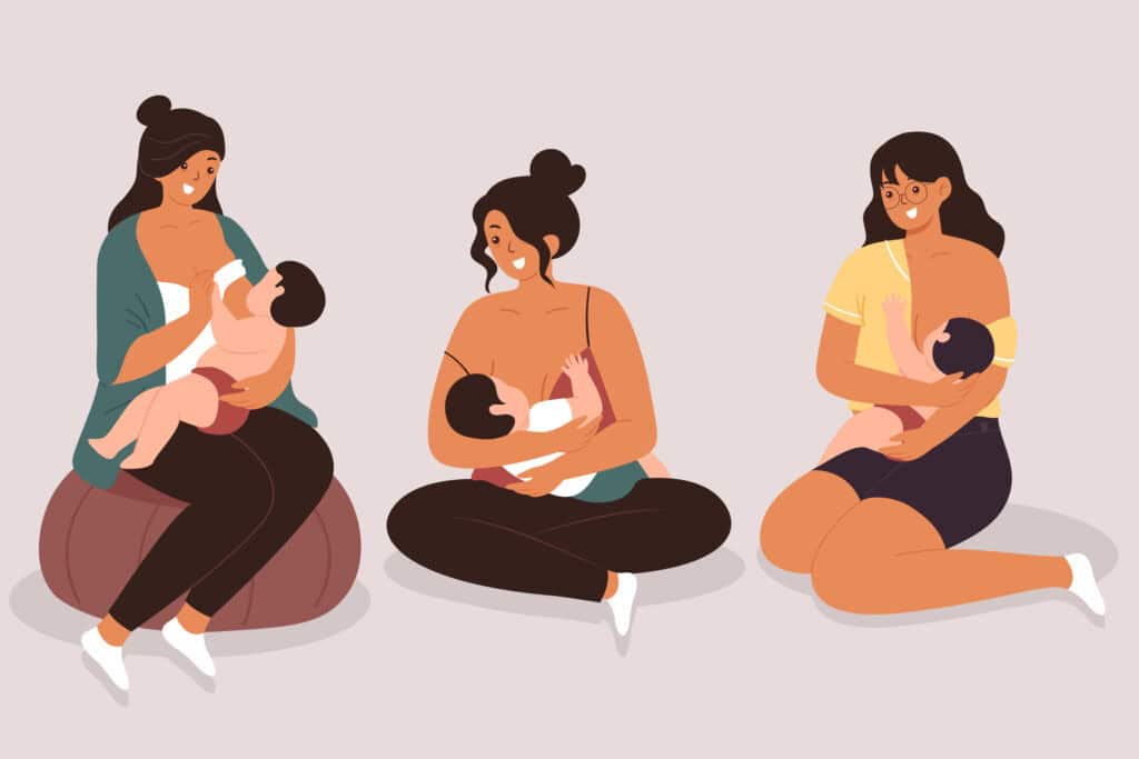 Illustration of a mother breastfeeding her baby frequently throughout the day, shown side by side on a blank background, representing cluster feeding during growth spurts.