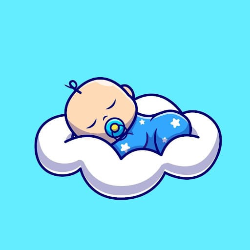 an illustrated baby with a blue background sleeping on a cloud blissfully